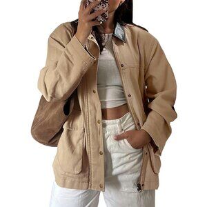 Women's Cotton Utility Jacket with Drawstring Waist and Contrast Collar